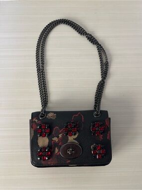 Coach Black Floral Crossbody with Red Gem Accents
